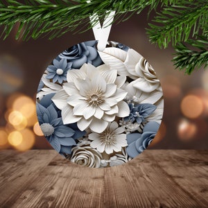 3D Flowers Christmas Ornament Sublimation PNG, Instant Digital Download Only, Christmas Round Ornament PNG, 3D Blue & White Flowers PNG