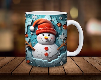 3D Snowman Mug Sublimation, 3D Christmas 11oz, 15oz Mug Wrap, Digital Download ONLY, Coffee Cup Tea Cup Wrap, Break Through Snowman Mug PNG