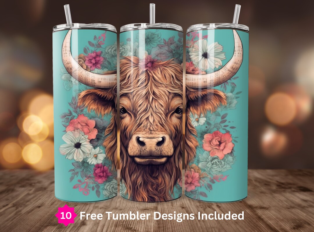 Boho Highland Cow Tumbler Wrap 20oz Skinny Sublimation Design Digital ...