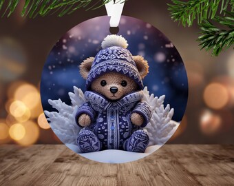 Adorno de osito de peluche PNG (sublimación), descarga digital instantánea, adorno navideño redondo PNG, oso navideño PNG