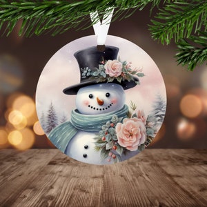 Shabby Chic Snowman Ornament Sublimation PNG Digital Download Only Pastel Snowman PNG Christmas Round Ornament png Pastel Flowers PNG