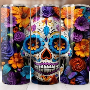 3D Sugar Skull Tumbler Wrap 20oz Skinny Tumbler Sublimation Design Digital Download PNG Only 20oz Straight Wrap PNG Fall Flowers