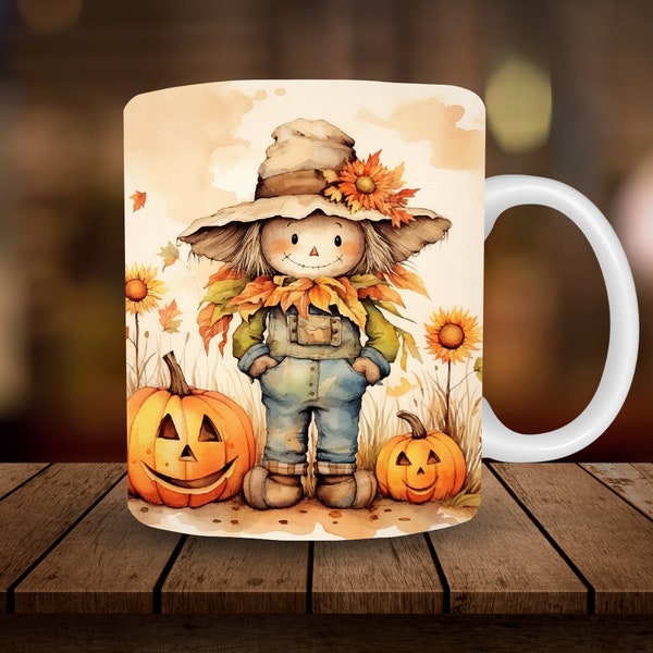 Watercolor Scarecrow 11oz, 15oz Mug Sublimation Wrap, Digital Download ONLY, Autumn Mug Sublimation Coffee Cup Tea Cup Wrap Fall Wrap PNG