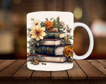 Vintage Stack of Books Mug Sublimation 11oz, 15oz Mug Sublimation Wrap Digital Download ONLY Coffee Cup Tea Cup Wrap PNG Vintage Flowers