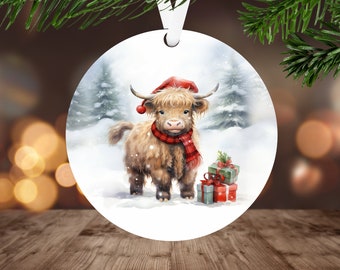 Baby Highland Cow Christmas Ornament Sublimation Design PNG Instant Digital Download Only Christmas Round Ornament PNG Cute Cow PNG