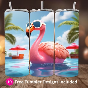 3D Funny Flamingo Tumbler Wrap, 20oz Skinny Sublimation Design, Téléchargement numérique UNIQUEMENT, 20oz Straight Wrap PNG, Flottant dans une piscine