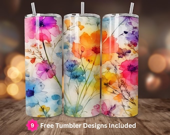 Alcohol Ink Colorful Wildflowers 20oz Skinny Tumbler Sublimation Design Instant Digital Download ONLY 20oz Straight Tumbler Wrap PNG