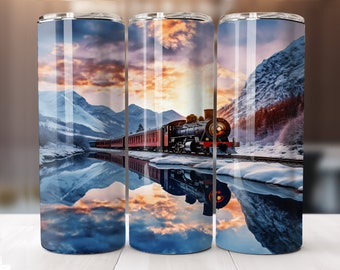 Steam Train Tumbler, 20 oz Skinny Sublimation Design, Digital Download Only, 20oz Straight Wrap PNG, Snowy Mountain Train Tumbler PNG
