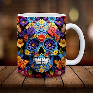 3D suikerschedel mok sublimatie, 11oz, 15oz mok sublimatie wrap ALLEEN digitale download 3D koffiekopje theekop wrap, Day of Dead Flower png PNGEgg