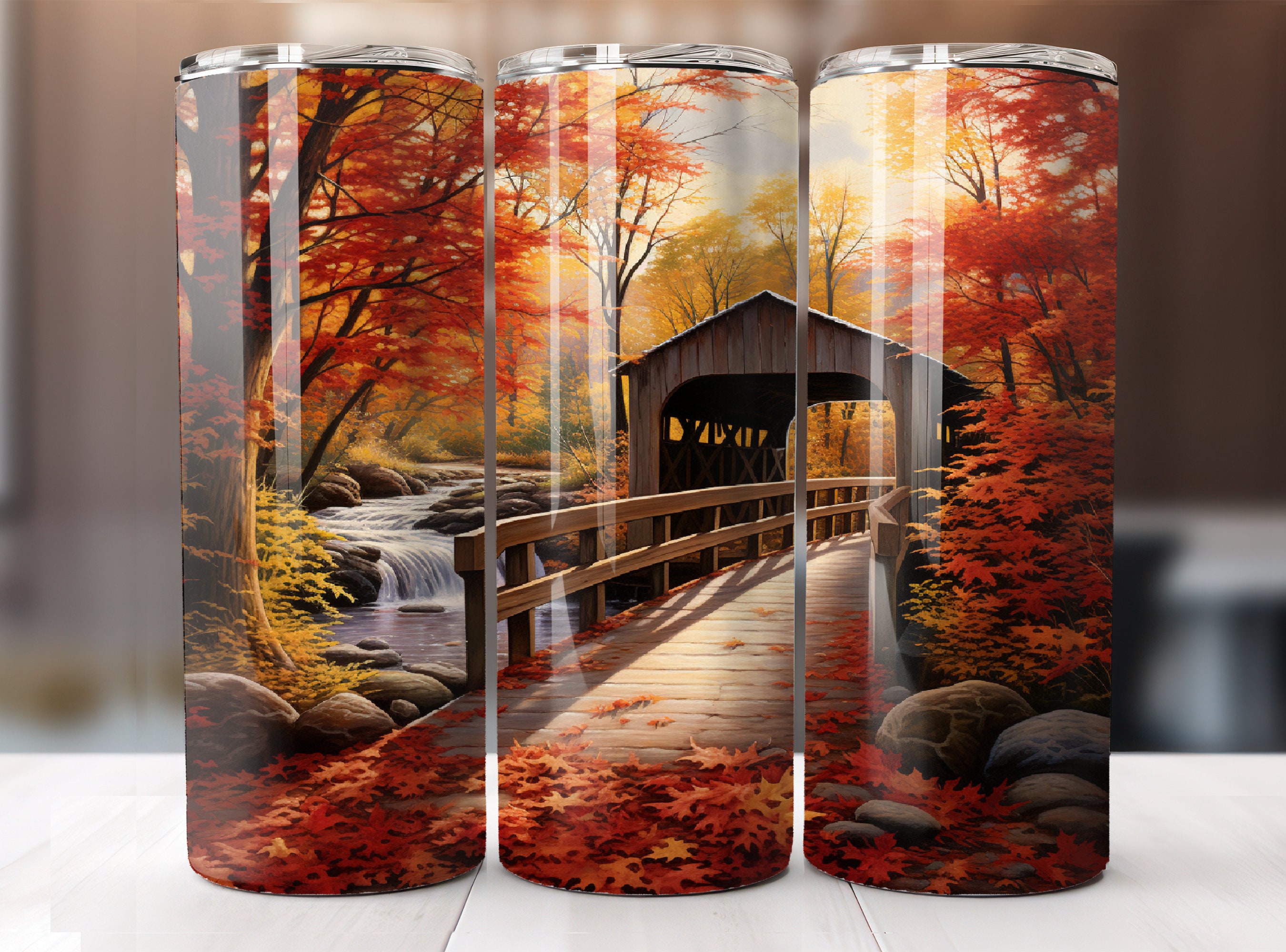 Fall Covered Bridge Tumbler, 20oz Skinny Tumbler Sublimation Design Digital Download Only 20oz Straight Wrap PNG Country Road Fall Foliage