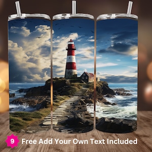 May include: A red and white lighthouse on a rocky island with a path leading to it. The lighthouse is surrounded by blue water and a cloudy sky. The image is split into three sections, each showing a different view of the lighthouse.