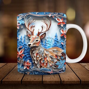 3D Deer Mug Sublimation, 3D Christmas 11oz, 15oz Mug Sublimation Wrap, Digital Download ONLY, Coffee Cup Tea Cup Wrap PNG