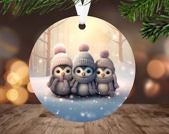 3D Cute Penguins Ornament Sublimation PNG, Instant Digital Download ONLY, Christmas Round Ornament PNG, Christmas Penguin Wrap