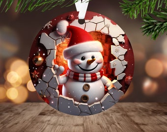 3D Snowman Christmas Ornament Sublimation PNG Instant Digital Download ONLY Christmas Round Ornament PNG Break through Snowman Ornament