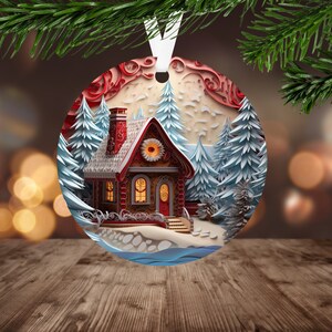 3D Christmas Cottage Ornament Sublimation PNG Instant Digital Download Only Christmas Round Ornament PNG Christmas Forest PNG