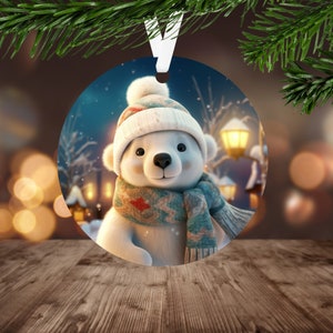 Cute Polar Bear Cub Ornament Sublimation PNG, Instant Digital Download Only, Christmas Round Ornament PNG, Christmas Bear Design PNG