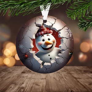 3D Snowman Christmas Ornament Sublimation PNG, Instant Digital Download Only Christmas Round Ornament PNG Break through Snowman Ornament PNG