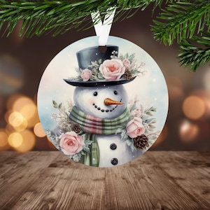 Vintage Christmas Snowman Ornament Sublimation PNG, Pastel Flowers, Digital Download Only, Christmas Round Ornament PNG, Holiday PNG