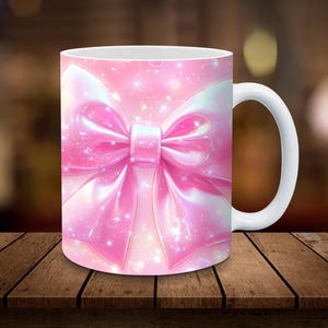 Valentine&#39;s Bow Mug PNG 11oz, 15oz Mug Sublimation Wrap Digital Download ONLY Coffee Cup Tea Cup Wrap Glitter Bow PNG Valentine Gift