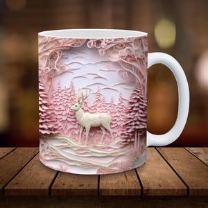 3D Pink Deer Mug Wrap 11oz, 15oz Mug Sublimation Wrap Digital Download ONLY Coffee Cup Tea Cup Wrap PNG Winter Hunting png Christmas Mug PNG