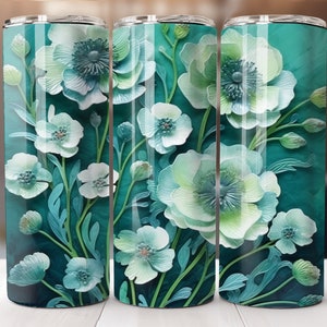 3D Sea Green Flowers Tumbler 20oz Skinny Sublimation Design Digital Download PNG ONLY Pastel Floral 20oz Straight Tumbler Wrap PNG