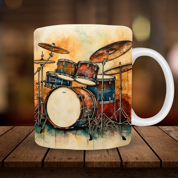 Drumset mok sublimatie, 3D kerst 11oz, 15oz mok sublimatie wrap, digitale download ALLEEN PNG, koffiekopje theekopje wrap PNG muzieknoten