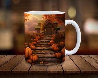 Fall Country Cottage Mug Sublimation, 11oz, 15oz Mug Sublimation Wrap Digital Download ONLY Coffee Cup Tea Cup Wrap PNG Pumpkin PNG Fall Mug