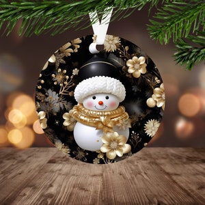 3D Black & Gold Snowman Ornament Sublimation PNG, Instant Digital Download Only, Gold Leaf Ornament 3D Christmas Round Ornament PNG