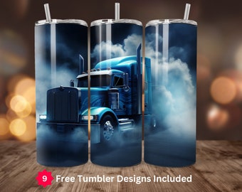 May include: Three stainless steel tumblers with a blue semi-truck design. The truck is driving through a cloud of smoke. The tumblers are on a wooden surface.