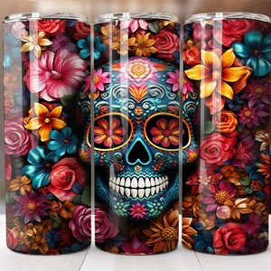 3D Sugar Skull Tumbler Wrap, Florals, and Butterflies 20oz Skinny Tumbler Sublimation Design Digital Download Only 20oz Straight Wrap PNG