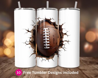 Vaso blanco de 20 oz con diseño de fútbol 3D, PNG, delgado, sublimación PNG, descarga digital, SOLO vaso recto de 20 oz, envoltura para temporada de fútbol