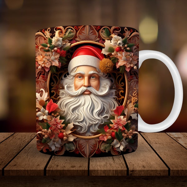 3D Vintage Santa Mug Sublimation, 3D Christmas 11oz, 15oz Mug Sublimation Wrap, Digital Download ONLY, Coffee Cup Tea Cup Wrap PNG