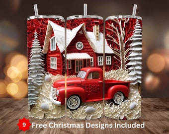 Vintage Christmas Truck Tumbler Wrap 20oz Skinny Sublimation PNG Farmhouse Digital Download ONLY 3D Red Truck 20oz Straight Tumbler Wrap PNG