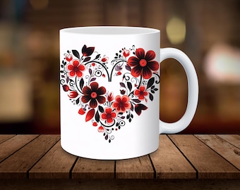Valentines Heart Mug Sublimation 11oz, 15oz Mug Sublimation Wrap Digital Download ONLY Coffee Cup Tea Cup Wrap Boho Heart Mug Flower PNG