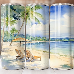 Beach Scene Tumbler, 20oz Skinny Sublimation Design, Digital Download Only, 20oz Straight Wrap PNG, Sunny Day, Palm Trees, Day at the Beach