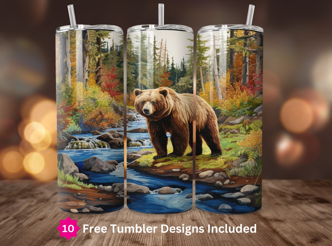 Grizzly Bear 20oz Straight Tumbler Wrap Embroidered PNG 20oz Skinny ...