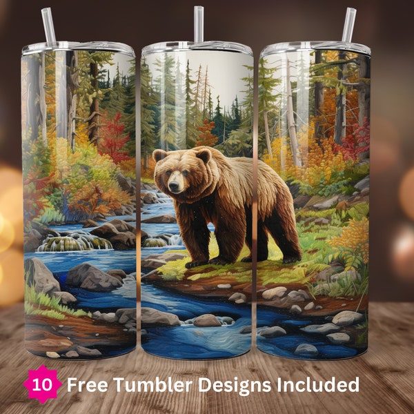 Grizzly Bear 20oz Straight Tumbler Wrap Embroidered PNG 20oz Skinny Sublimation Design Digital Download ONLY Wildlife Nature PNG Woods