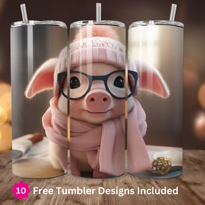 May include: Three stainless steel tumblers with a pink pig wearing a pink hat, pink scarf, and glasses. The pig is looking at the camera. The tumblers are on a wooden surface.