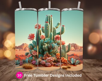 3D Cactus Tumbler 20oz Skinny Sublimation Design Digital Download ONLY Flower PNG 20oz Straight Tumbler Wrap Succulent Flower Boho PNG