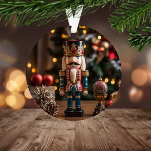 May include: A round Christmas ornament featuring a traditional nutcracker figurine in a red and blue uniform, standing in front of a decorated Christmas tree with lights. The ornament also includes a gold-colored decorative ball with a red and gold design.
