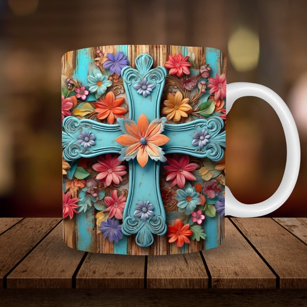 3D Christian Cross Mug, 11oz & 15oz Mug Wrap Design 3D Mug Sublimation Wrap Digital Download ONLY Coffee Mug Design Faith Sublimation Design