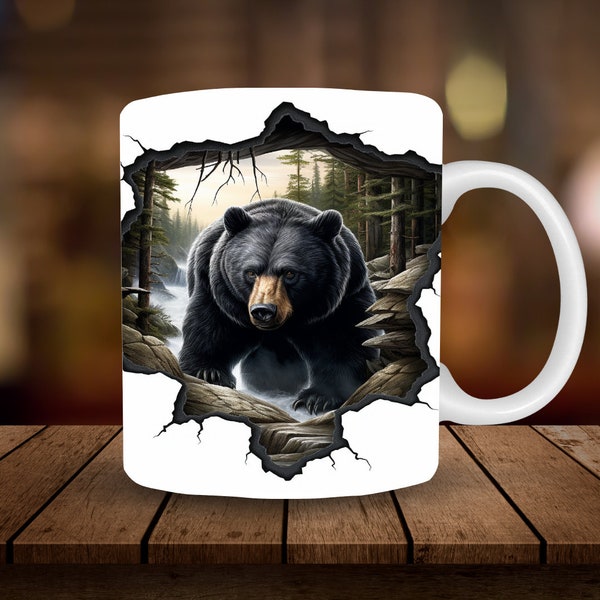 Black Bear in the Woods Mug Sublimation, 11oz, 15oz Mug Sublimation Wrap, Digital Download ONLY, Coffee Cup Tea Cup Wrap PNG