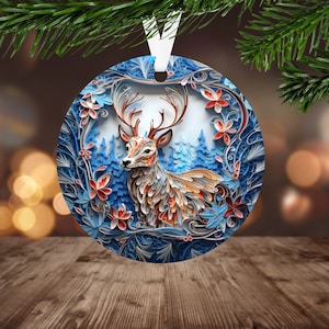 3D Deer Christmas Ornament Sublimation PNG, Instant Digital Download Only, Christmas Round Ornament PNG, 3D Woodland Deer PNG