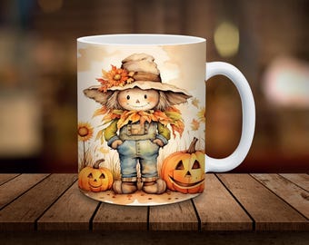 Watercolor Scarecrow 11oz, 15oz Mug Sublimation Wrap, Digital Download ONLY, Autumn Mug Sublimation Coffee Cup Tea Cup Wrap Fall Wrap PNG