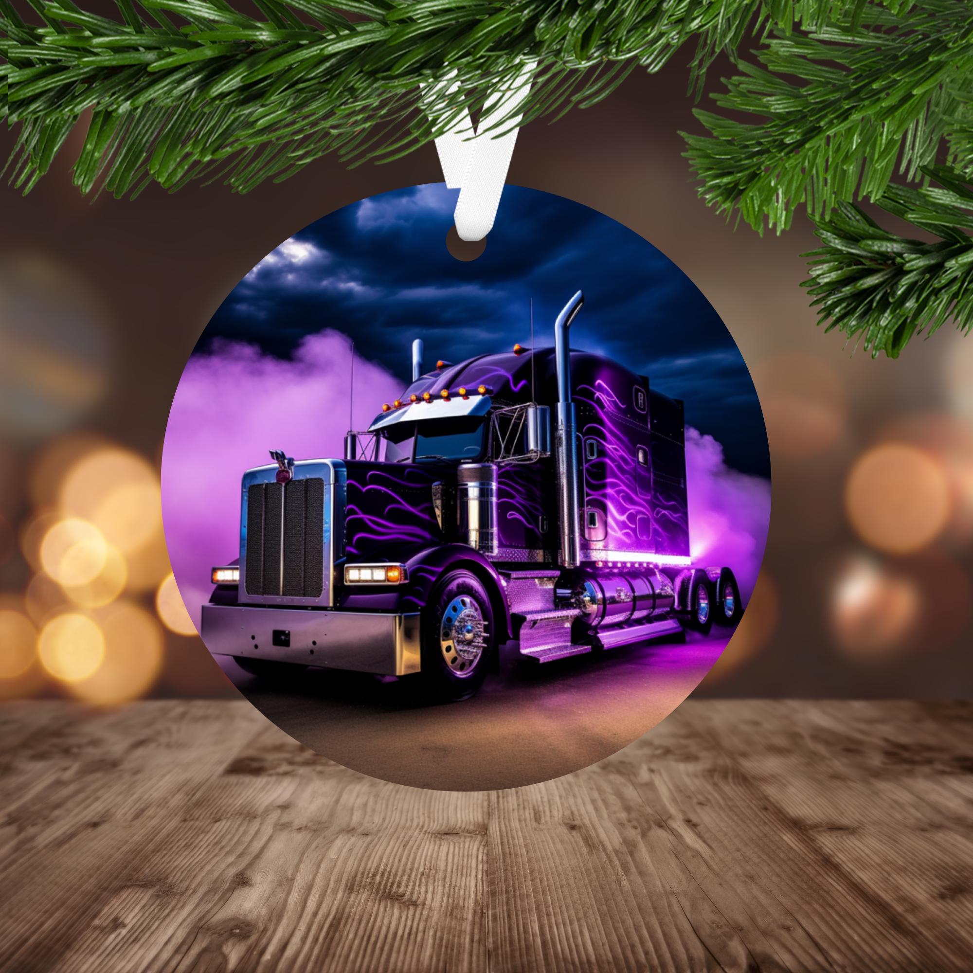 Purple Semi Truck Ornament Sublimation PNG, Instant Digital Download ONLY Christmas Round Ornament PNG Truck Driver Gift Big Rig Trucker