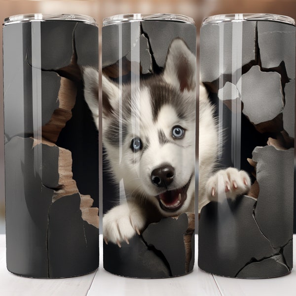 3D Husky Dog Tumbler Durchbruchwand 20 Unzen Gerade Sublimation Design Digitaler Download 20 Unze Skinny Tumbler Wrap PNG 3D Hundebecher