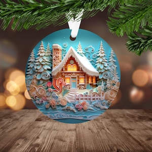 3D Gingerbread House Ornament Sublimation PNG, Instant Digital Download Only, Christmas Round Ornament PNG, Christmas Cottage PNG