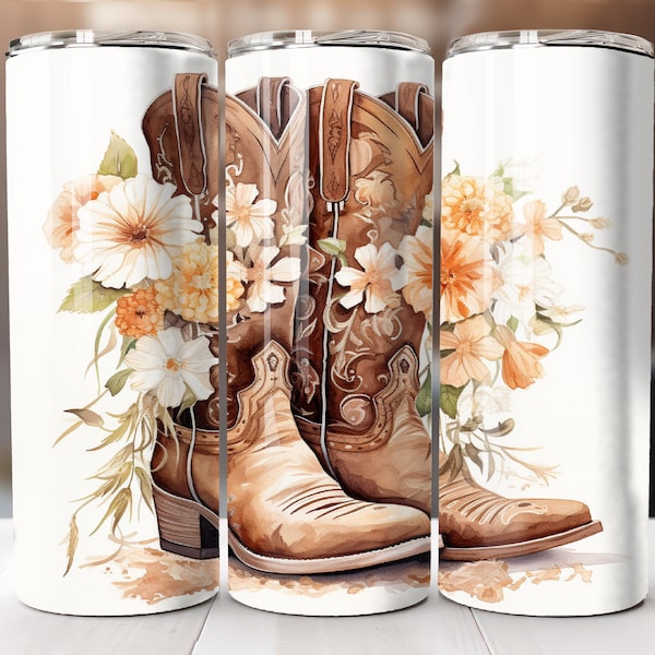 Cowgirl Boots Tumbler 20oz Skinny Sublimation Design Pastel Flowers Digital Download Only 20oz Straight Tumbler Wrap PNG