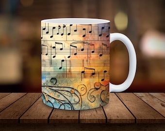 Music Notes Mug Sublimation 11oz, 15oz Mug Sublimation Wrap Gift for Musician Digital Download ONLY Coffee Cup Tea Cup Wrap Music Sheet PNG