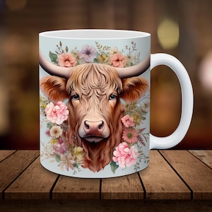 Highland Cow Mug Wrap 11oz, 15oz Mug Sublimation Wrap Digital Download ONLY Flower Coffee Cup Tea Cup Wrap PNG Christmas Mug PNG Cow Mug